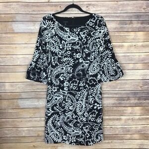 Talbots Black/White Paisley Bell Sleeve Scoop Neck 3/4 Sleeve Dress Sz 8 $139